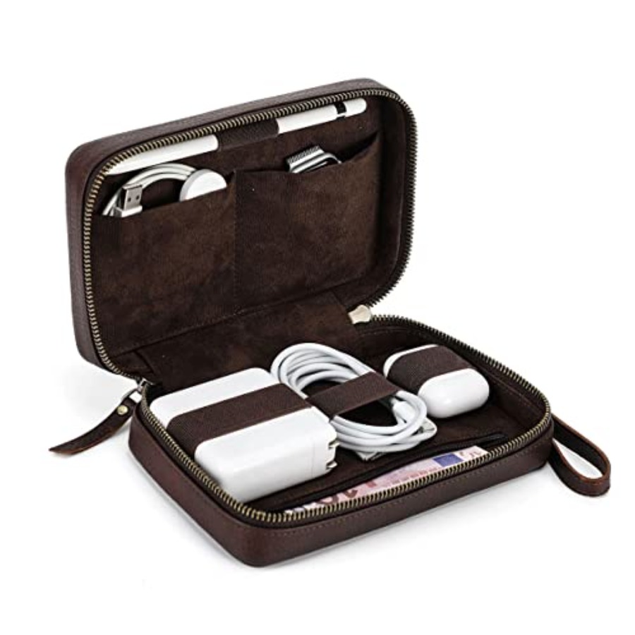 Tech Accessories For Travel - Full Grain Leather Electronic Organizer Travel